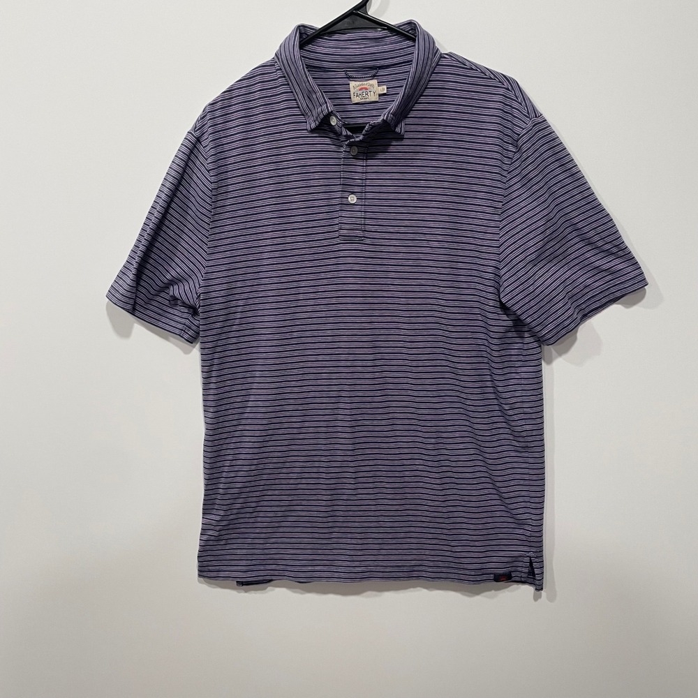 Faherty Brand Men's Striped‎ Polo Shirt Blue Pink Short Sleeve Casual Size L